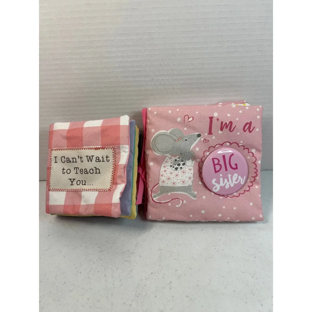 Mud Pie Big Sister Soft Fabric Baby Book Set Pink Gingham Mouse Photo Sleeve